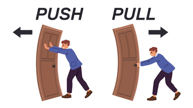 Door vector illustration showing a man pushing and pulling a door open