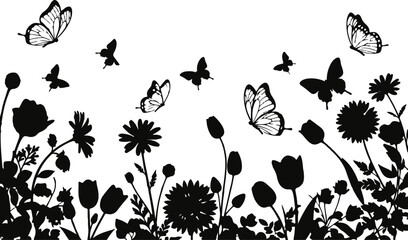 Butterfly silhouette flight over colorful flowers and rainbow sky silhouette © Khalique PNG Lab