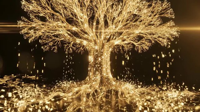 Slow zoom in on glowing golden tree formed by fiber optic lights with falling sparkling particles against black background