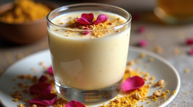 glass of cold milk-based dessert (thandai) with crushed nuts and rose petals, drops of saffron-colored liquid on the table,refreshing Holi celebration and culinary tradition.