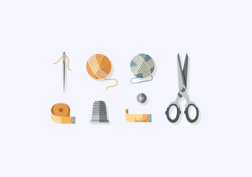 Vector Ilustration idea Concept Essential sewing and tailoring tools set - needle with thread, yarn balls, thimble, scissors, measuring tape, and button.