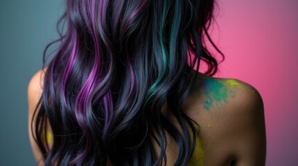 Naklejka premium woman's long black hair streaked and dusted with streaks of purple and green Holi powder, close-up on hair texture, symbolic transformation