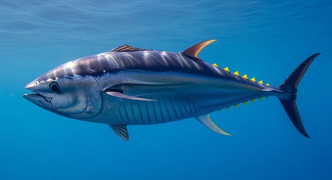Majestic Atlantic Bluefin Tuna Swimming Gracefully in the Sunlit Depths of the Oceanic Waters