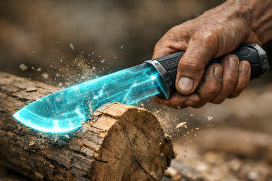 Ultra-realistic close-up of authentic human hands gripping a futuristic holographic parang while cutting natural wood.