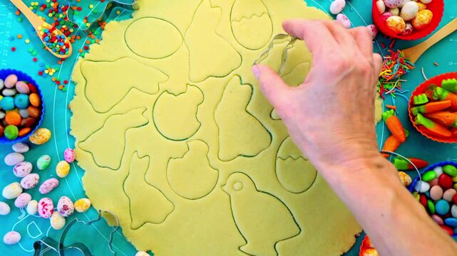 
A woman carves Easter cookies in the shape of bunnies, chickens, and eggs. Preparing for the holiday. Traditional baking.