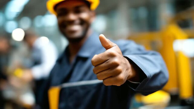 Cheerful industrial worker implied by body language, faceless, workplace blurred, with copy space