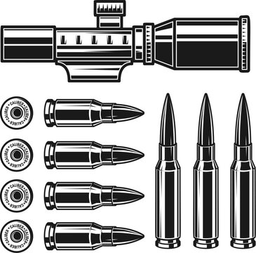 A black and white vector set featuring a telescopic rifle scope, various high-caliber bullets, and bullet headstamps. A high-contrast technical illustration on white.