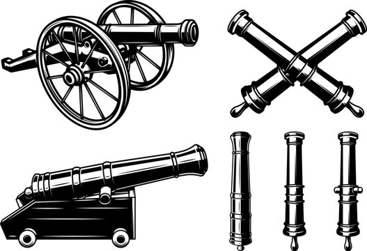 A black and white vector set featuring a field cannon on wheels, a fortress cannon, crossed artillery barrels, and individual gun tubes. Detailed historical weapon art.