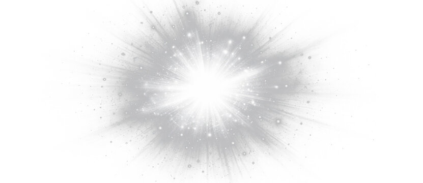 White light explosion with glowing starburst rays sparkle particles and energy flash illustration on transparent background.