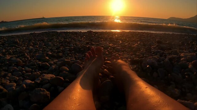 Close up of womens feet on small pebbles gently washed by waves at sunset relaxing summer wellness spa and relaxation video