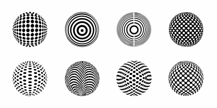 Optical illusions featuring various black and white patterned ellipsoids