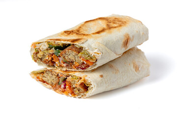 Shawarma with falafel, vegetables and sauce on a white background isolated for menu