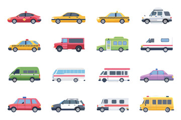 Fototapeta premium Colorful flat illustration of various vehicle types arranged in rows