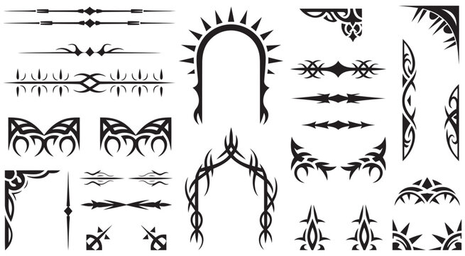 Vector set of gothic and tribal decorative design elements featuring spiky arches, thorny dividers, ornate corner frames, dark medieval ornament
