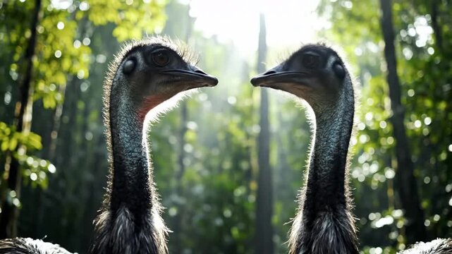 Two emus gazing lovingly at each other, illuminated by sunlight filtering through a lush forest background