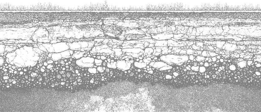Cross section of soil layers with grass on and pebbles below rendered in grayscale stippling earth ground