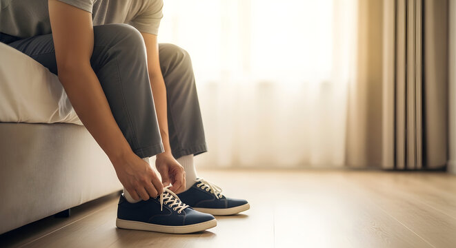 Young man sitting on bed edge tying blue sneakers laces preparing for morning workout or daily walk