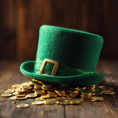 St Patrick's Day background. March 17. Leprechaun hat and and golden coins