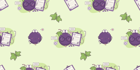 Cute Nurse and Doctor Blackcurrant Character Seamless Pattern. Berry Currant Kawaii Mascot with Stethoscope, clipboard, Online Medical Consultation on Green Background. Vector Horizontal illustration
