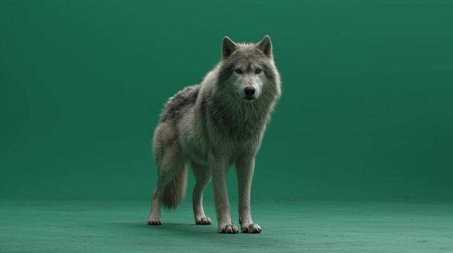Powerful gray wolf, captured in a full-body studio shot, stands isolated against a vibrant green screen background, perfect for seamless visual effects compositing