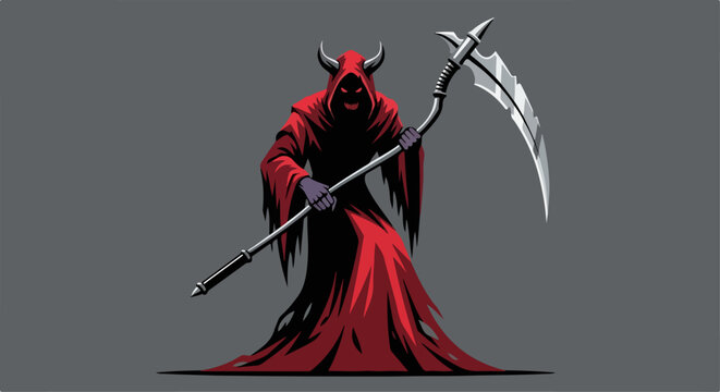 flat illustration of a devil in a red robe and carrying his weapon