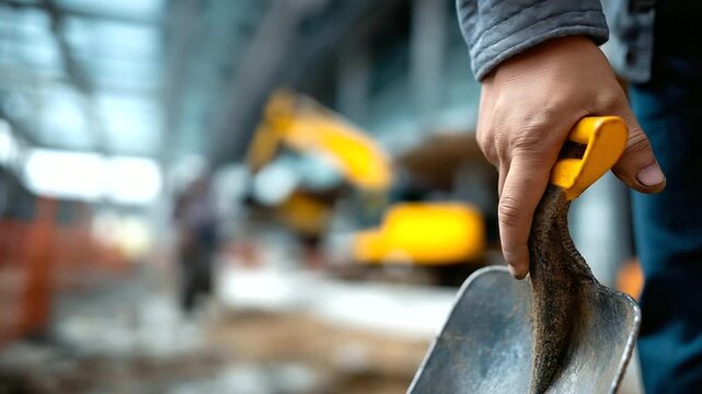Construction worker holding a shovel at a site, no face visible, gritty industrial background blurred, with copy space