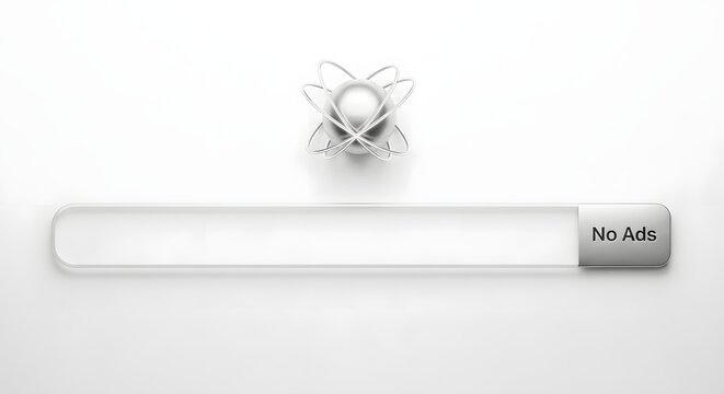 Silver abstract sphere above a clear ad-free search bar representing premium digital content and clean access