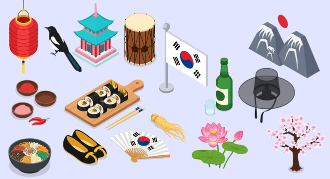 Vibrant South Korean cultural elements and symbols displayed in a colorful isometric illustration
