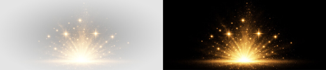 Golden light explosion with glowing particles sparkle stars and radiant energy burst on transparent...