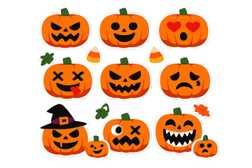 Halloween Pumpkin Sticker Set. Collection of Cartoon Jack-o'-lantern Emojis with Scary, Funny, and Cute Faces.