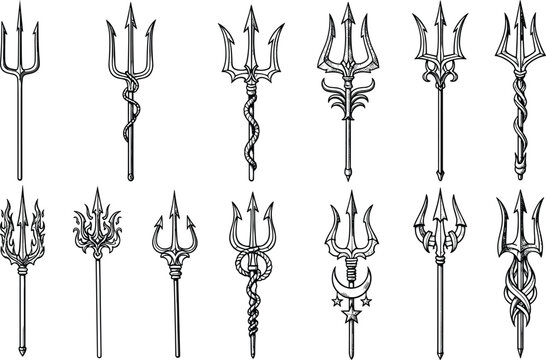 Mythical trident spear weapon illustration set featuring fantasy ornate trishula designs isolated on white background hand drawn black line art vector
