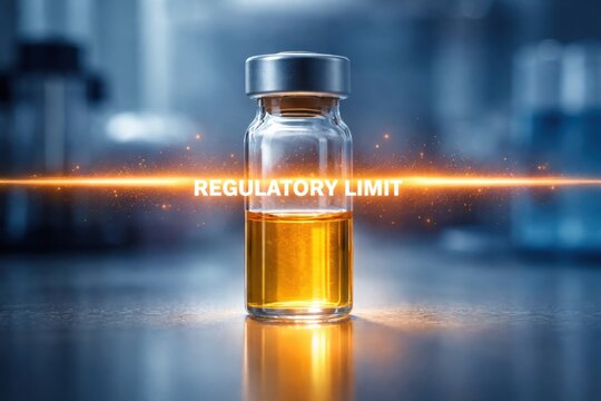Glowing vial with highlighted regulatory limit line representing controlled substance concentration and compliance evaluation in laboratory testing.