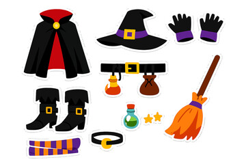 Witch Costume Sticker Set. Halloween Accessories Clipart: Hat, Cape, Boots, Broom, and Potions. Isolated vector elements for DIY and design projects.