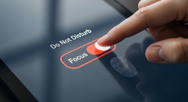 Finger tapping red focus mode toggle on a dark digital screen to enhance concentration and productivity