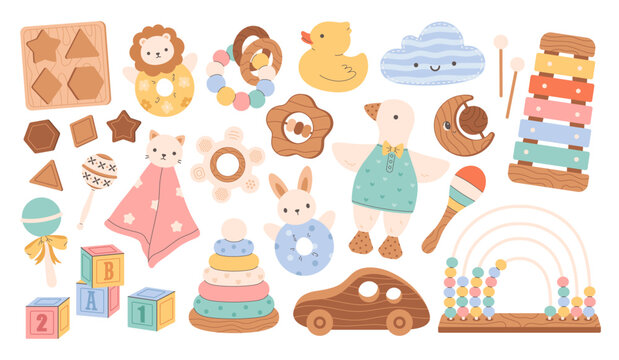 Cute development and educational children games. Preschool activities, wooden blocks, xylophone, pyramid, rubber duck, plush toys, rattles. Flat vector illustration