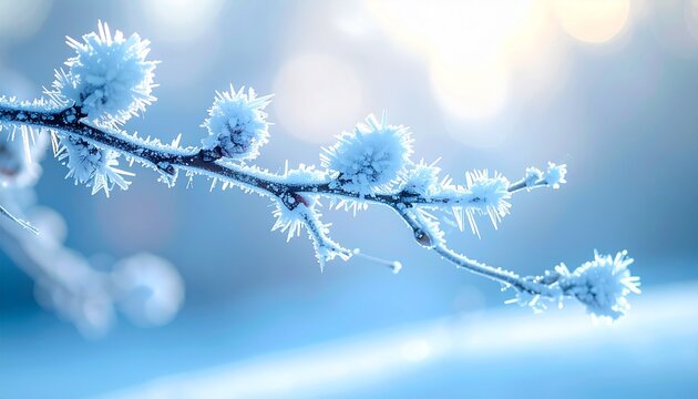 Frozen branch with ice crystals closeup.