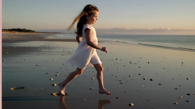 White linen dress flows with coastal breeze against sunset backdrop, purity in fabric simplicity and uncluttered composition, purity reflecting conscious consumption and timeless design, purity.