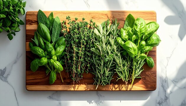 Fresh herbs on wooden cutting board.