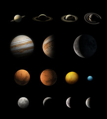 Collection of planets and moons of the Solar System isolated on a black background. Includes the Moon, Jupiter, Mars, Saturn, Pluto, and Venus. Elements of this image furnished by NASA.