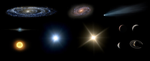 Collection of realistic space elements isolated on a black background, including planets, galaxies, asteroids, sun, and bright star light flares. Elements of this image furnished by NASA.