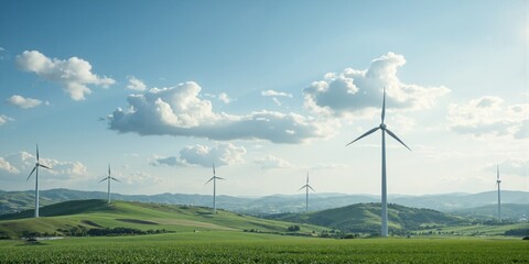 Green Energy - Wind Turbines Generating Renewable Energy in Rural Landscape A wide shot of several wind turbines in a © svetograph