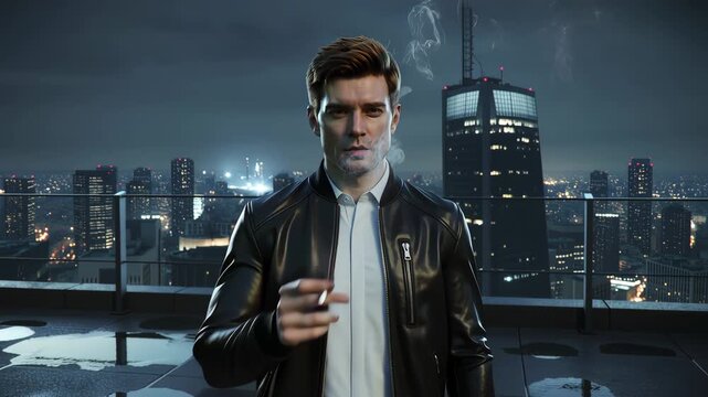 Man in leather jacket embodies the razor&rsquo;s edge between risk and reward, edge sharpened by moonlight and urban solitude, edge where ambition meets consequence, edge defining modern antihero.