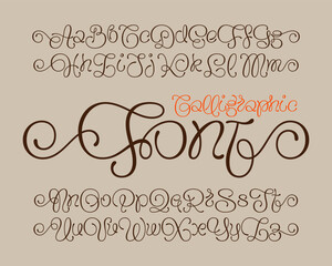 Set of calligraphic font with English alphabet and curly swash lines