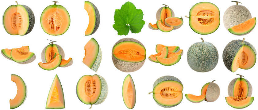 diverse collection of fresh cantaloupe melons in various stages: whole, halved, and sliced, isolated on a transparent background.