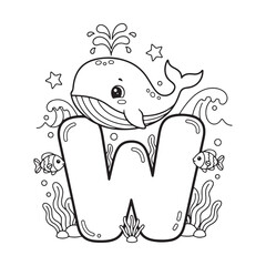 Fototapeta premium Letter W Whale Coloring Page, Cute Alphabet Animal Black and White Line Art for Kids