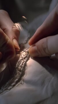 Close-up shot of a needle and thread repairing a torn fabric with intricate stitching