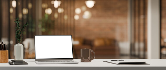 3D Render laptop empty screen on white table. Nearby is document paper, pencil holder. In modern office workplace