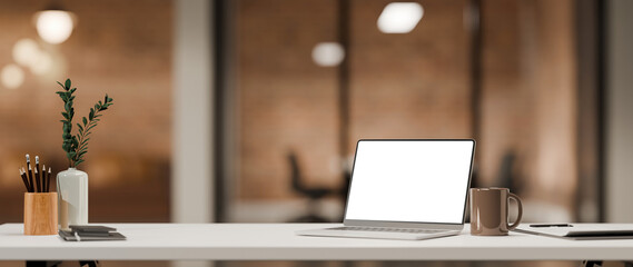 3D Render laptop empty screen on white table