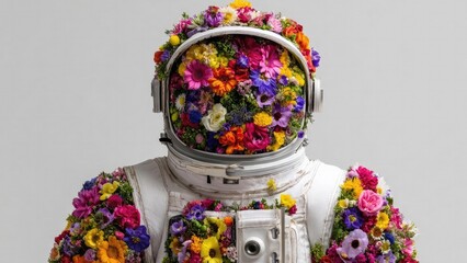 Fototapeta premium Astronaut suit completely covered in colorful flowers, helmet bursting with blossoms. Concept Floral astronaut suit, Blossoming helmet, Space fashion photography, Colorful cosmic bouquet