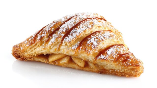 A triangular puff-pastry apple turnover, dusted with powdered sugar and drizzled with caramel. Concept Dessert, Pastry, Apple Turnover, Caramel Drizzle, Powdered Sugar